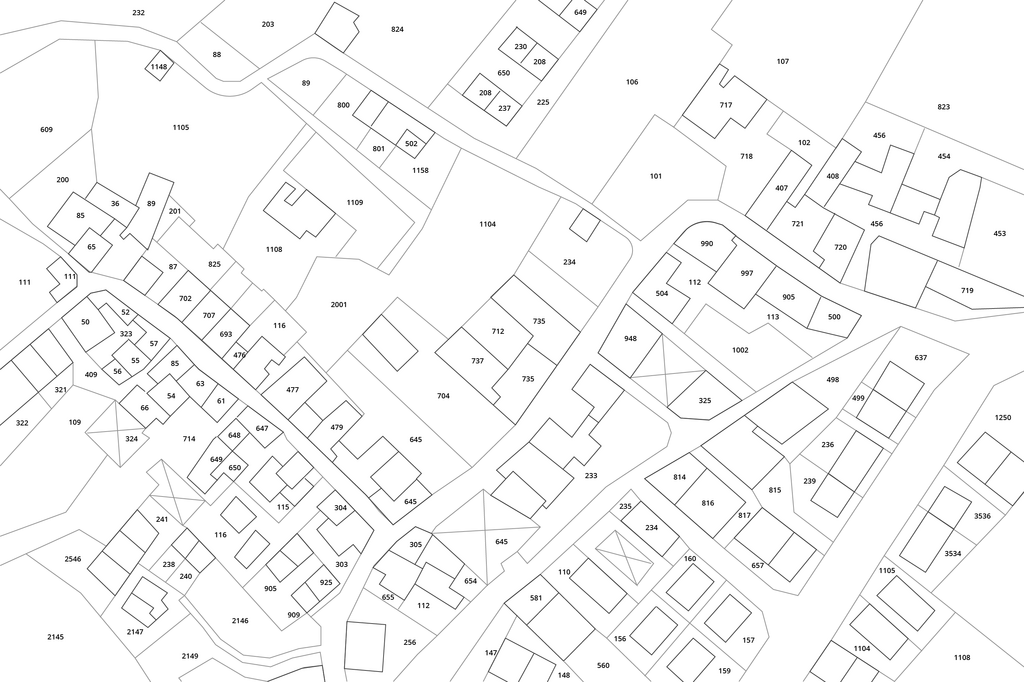 Grafika przedstawia mapę ewidencyjną, obrazującą granice jednostek ewidencyjnych oraz (ponumerowanych) działek. Widoczne są tu również kontury budynków i użytków gruntowych.