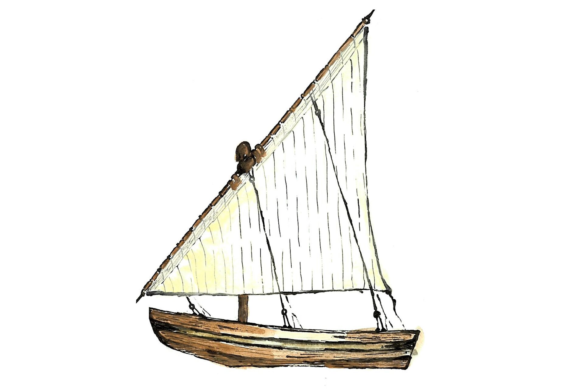 Rysunek egipskiej żaglówki z trójkątnym żaglem.