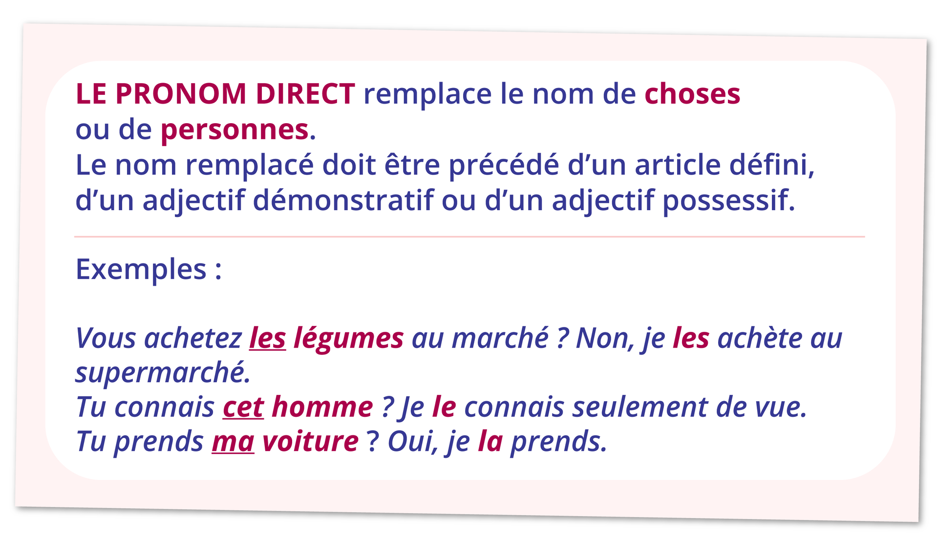 Grafika zawiera informacje tekstowe.LE PRONOM DIRECT remplace le nom de choses ou de personnes. Le nom remplacé doit être précédé d'un article défini, d'un adjectif démonstratif ou d'un adjectif possessif. Exemples: Vous achetez les légumes au marché ? Non, je les achète au supermarché. Tu connais cet homme ? Je le connais seulement de vue. Tu prends ma voiture ? Oui, je la prends.