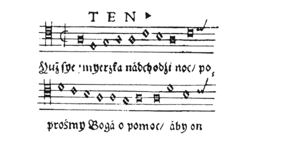 Fragment dawnego zapisu nutowego jednogłosowej melodii na pięciolinii z czarnymi, rombowymi nutami oraz tekstem w języku polskim zapisanym gotycką czcionką („Już się zmierzcha, nadchodzi noc…”); nad pięciolinią widoczny skrót „TEN”.