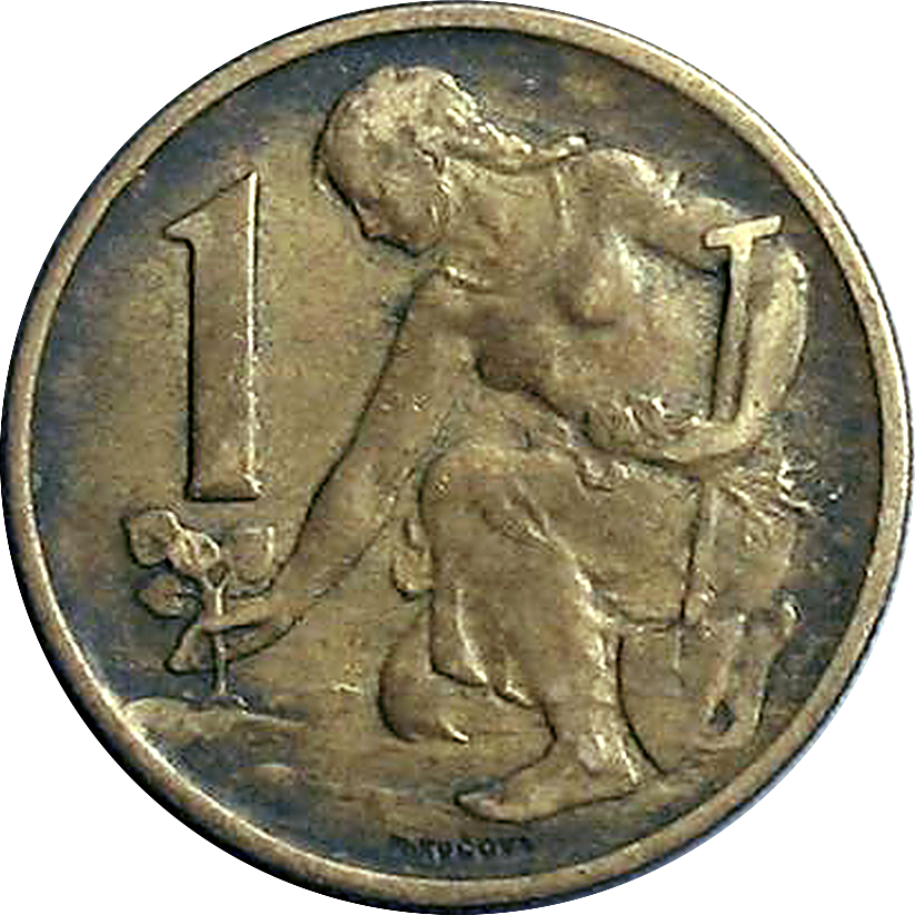 Ilustracja przedstawia monetę o nominale 1. Na monecie znajduje się przyklękająca kobieta ze szpadlem, która sięga po roślinę.