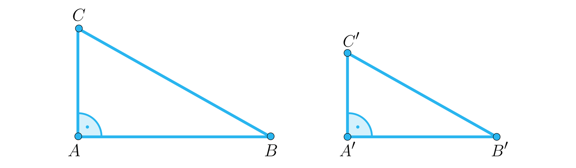 Ilustracja przedstawia dwa podobne trójkąty równoramienne A B C oraz  A prim B prim C prim. 