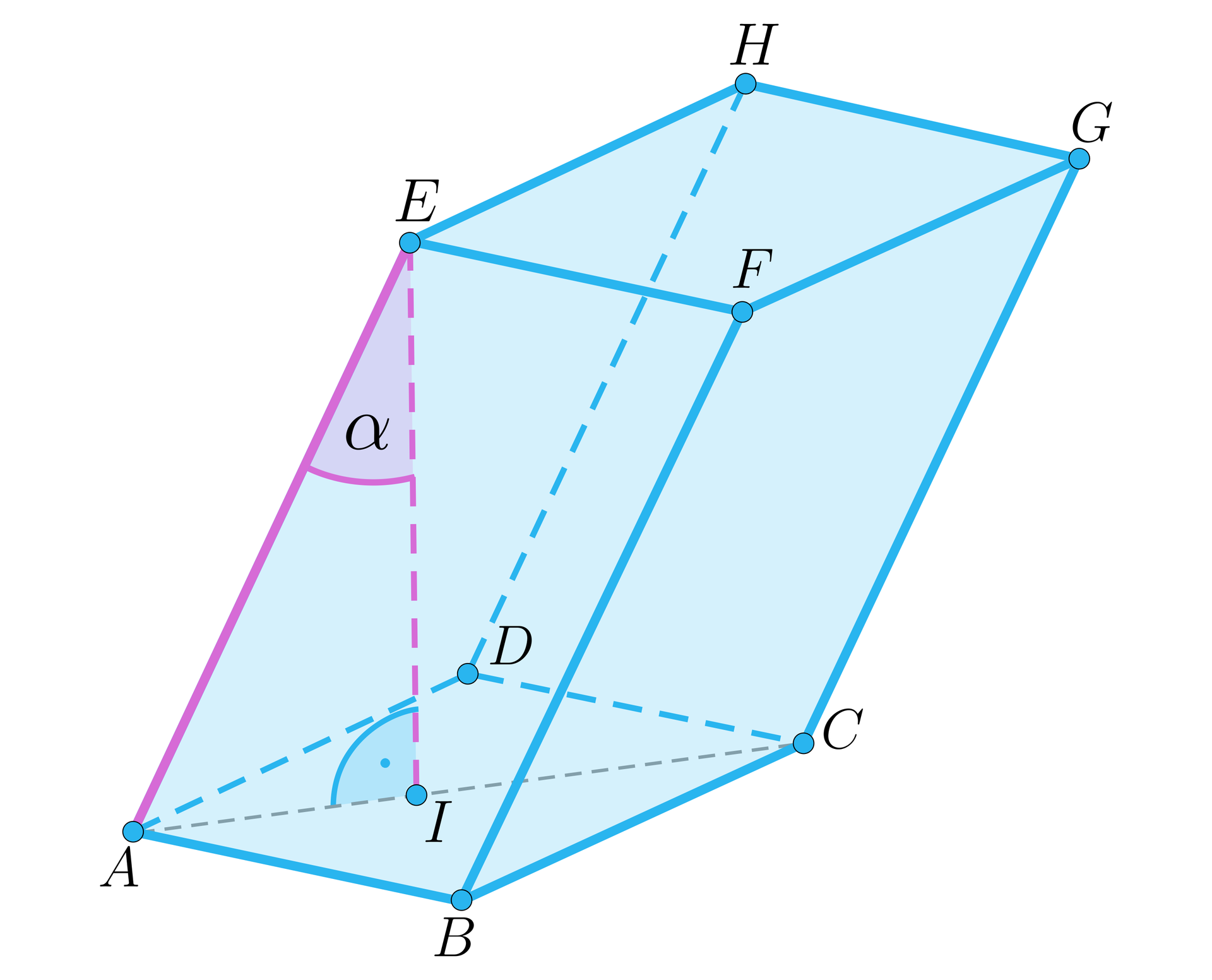 Ilustracja przedstawia graniastosłup pochyły A B C D E F G H. Zaznaczono na nim kąt alfa między wysokością a krawędzią boczną graniastosłupa.