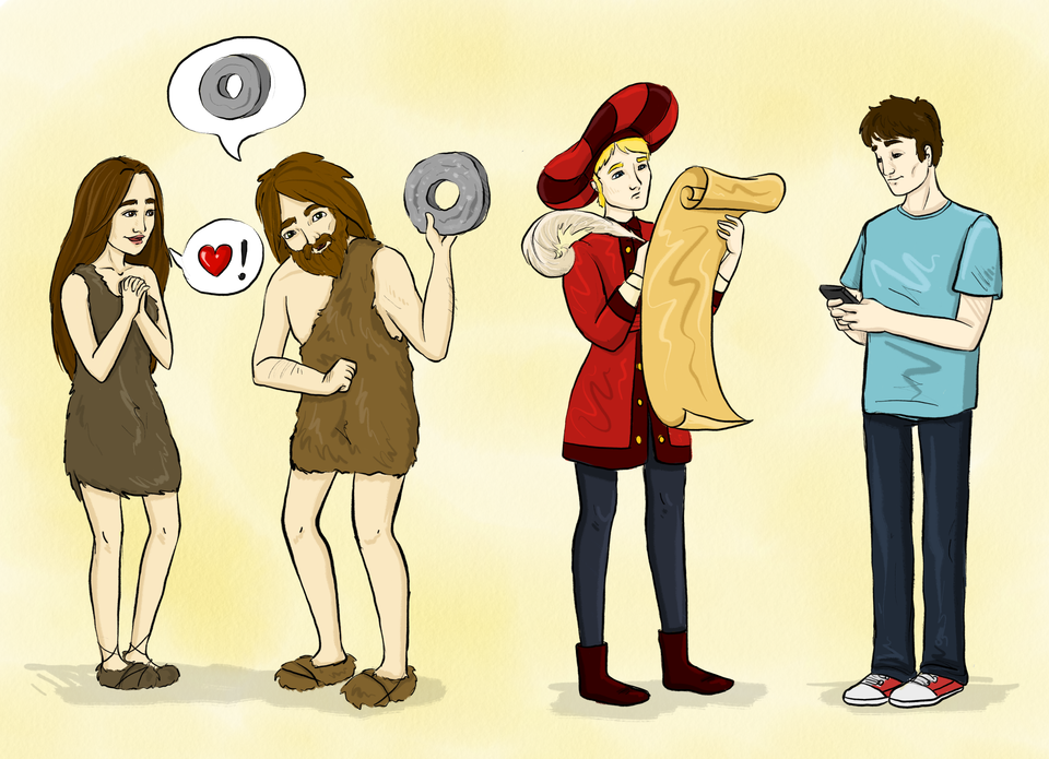 Rysunek przedstawia cztery postacie ludzkie. Od lewej strony jest to kobieta i mężczyzna w strojach jaskiniowców porozumiewający się za pomocą symboli serca i koła. Obok nich, pośrodku, stoi mężczyzna w renesansowym stroju. Trzyma zwój papieru i pióro, którym coś zapisuje na tym zwoju. Po prawej stronie stoi młody mężczyzna w podkoszulku i dżinsach z telefonem komórkowym w dłoniach. 