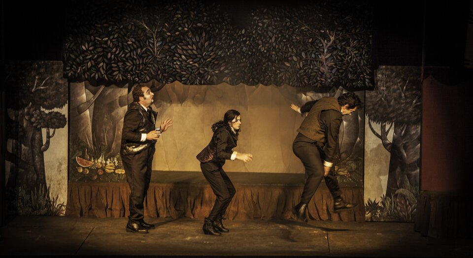 Ilustracja przedstawia kadr z przedstawienia teatralnego. Ukazuje trzech aktorów, skierowanych prawym profilem w stronę widza, ustawionych w szeregu. Postacie ukazane są w różnych pozach, prezentują różne gesty i mają różną mimikę. Pierwsza z prawej podskakuje. Dekoracja składa się z drzew, których korony wypełniają górną część kadru. Ubrania aktorów są w tej samej kolorystyce, co dekoracja. Utrzymane są w brązowych odcieniach.