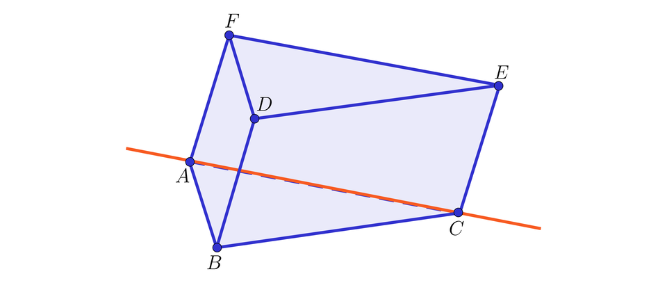 Ilustracja przedstawia graniastosłup trójkątny A B C D E F, gdzie wierzchołek D znajduje się nad B, wierzchołek E nad C, wierzchołek F nad A. Przez krawędź A C poprowadzona została prosta. 
