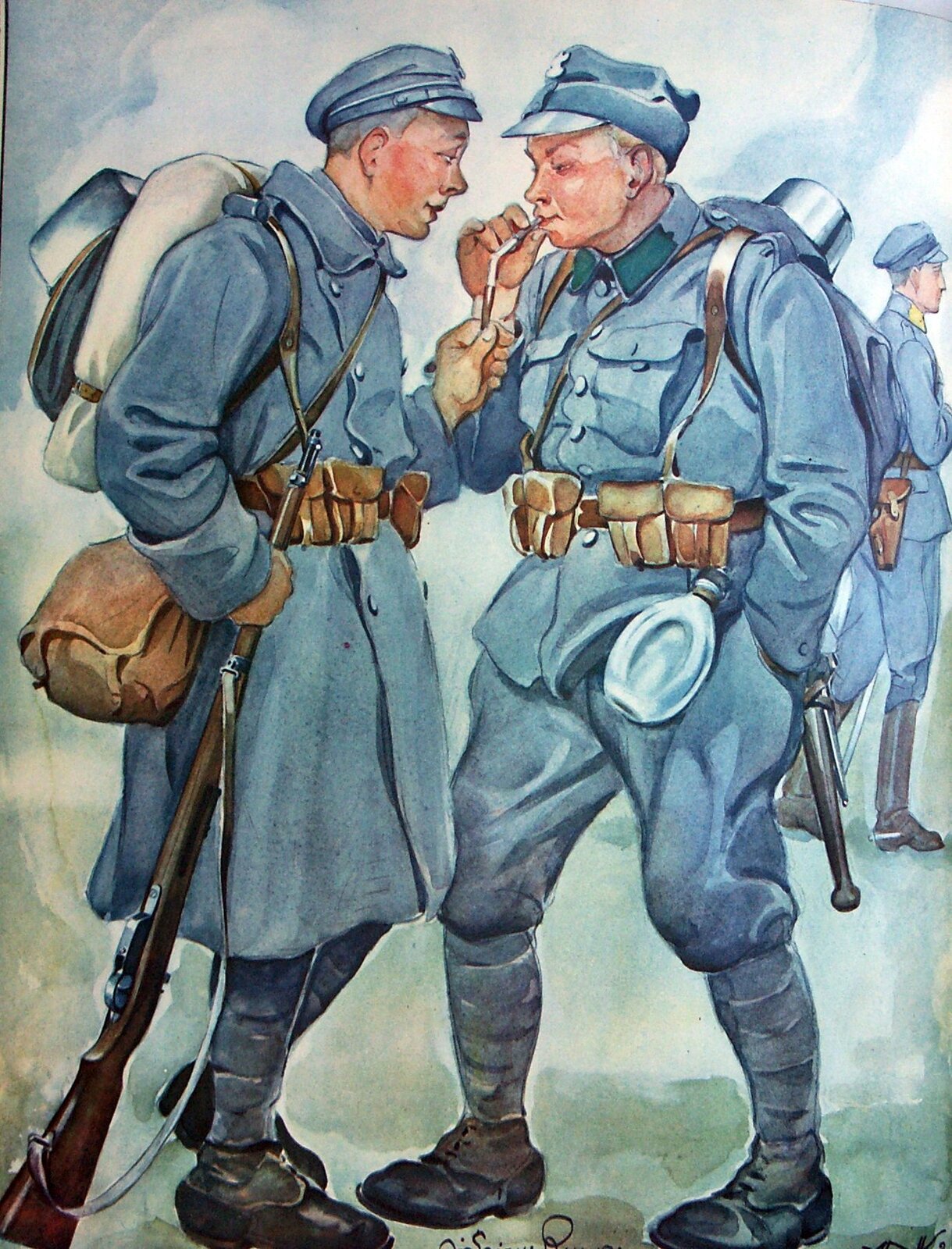 Obraz przedstawia na pierwszym planie dwóch piechurów, w tle oficer żandarmerii. Obaj piechurzy z plecakami i bronią. Piechur z lewej ubrany w niebieski płaszcz z dwoma rzędami guzików, skórzany pas z kilkoma niewielkimi kieszonkami, niebieskie spodnie, czarne buty do kostek, na głowie ma niebieską czapkę wojskową. W prawym ręku trzyma karabin. Przez ramię ma przewieszoną brązową torbę, nosi plecak. Piechur z prawej ma podobną czapkę, niebieską kurtkę mundurową z takim samym pasem jaki nosi piechur z lewej, niebieskie spodnie i czarne buty do kostek. Z pasa zwisa menażka. Drugi piechur też nosi plecak. Z tyłu wystaje część broni. Pierwszy piechur daje drugiemu papierosa do odpalenia.