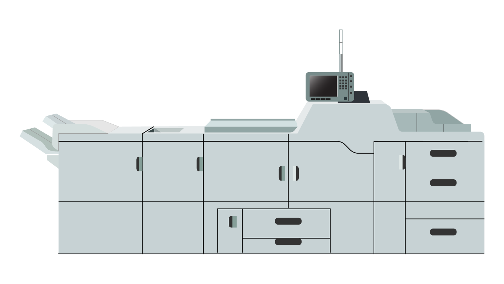 Grafika przedstawia poglądowo cyfrową maszynę drukującą w ujęciu z boku. Maszyna złożona jest z kilku części, których podział widoczny jest na bocznej ścianie i które mają układ szeregowy. Każdy z elementów zaznaczony jest czarnymi liniami i ma czarne poziome lub pionowe prostokątne pola symbolizujące uchwyty. Po prawej stronie widoczna jest część ze stołem podawczym, pośrodku elementy drukujące, zaś po lewej stół odbiorczy.  W górnej części po prawej stronie widoczny jest czarny ekran z panelem sterującym.
