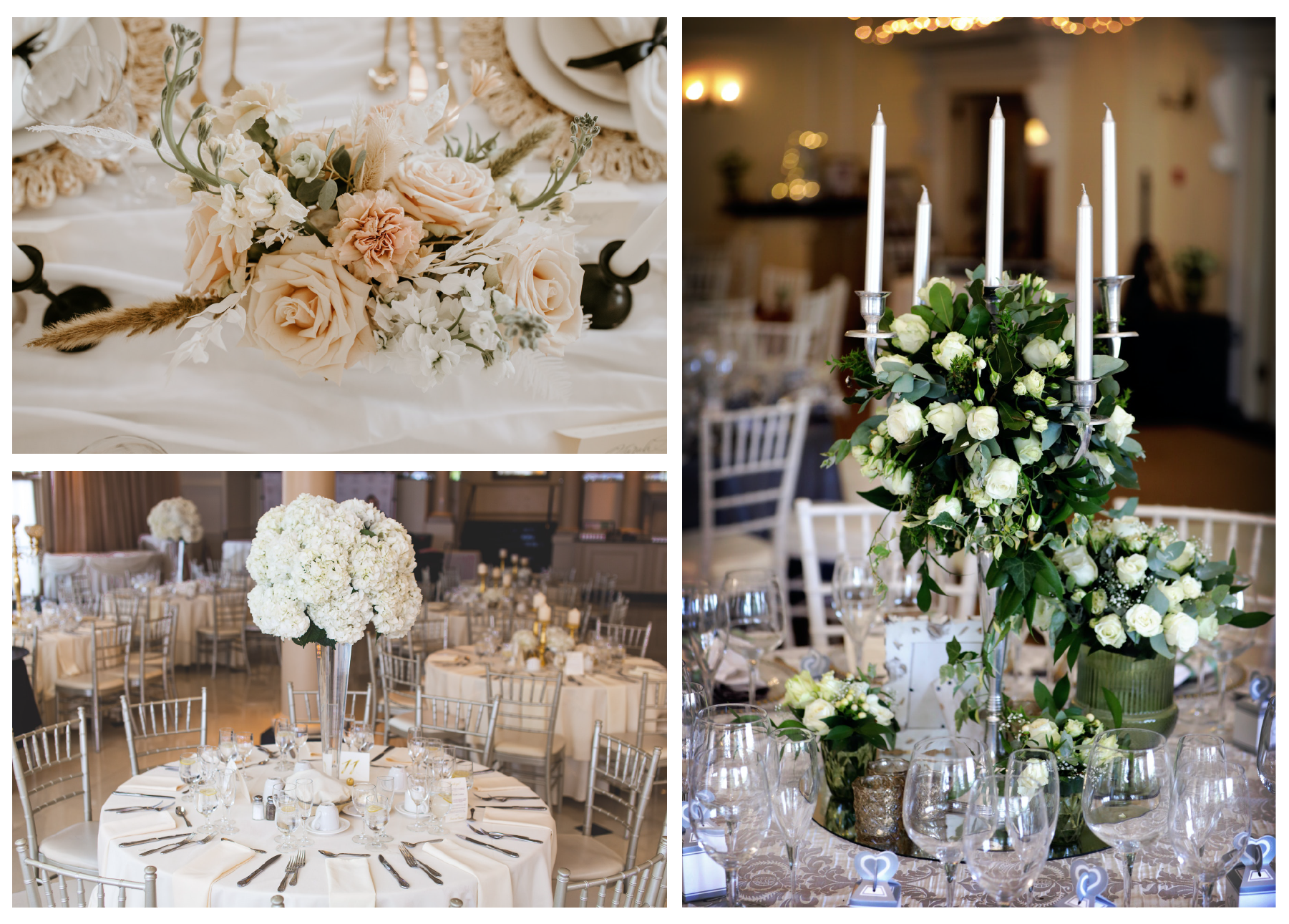 Na zdjęciach znajdują się przykłady różnych kompozycji kwiatowych znajdujących się w środku zastawionych stołów. Na zdjęciu pierwszym są to kremowe róże, na drugim białe kwiaty w spiczastym wazonie, na trzecim bukiet białych róż wkomponowany w biały świecznik z pięcioma świecami.