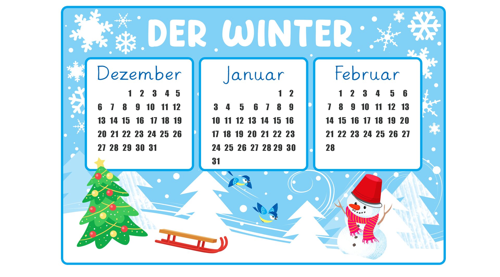 Ilustracja przedstawia kalendarz z motywem zimowym