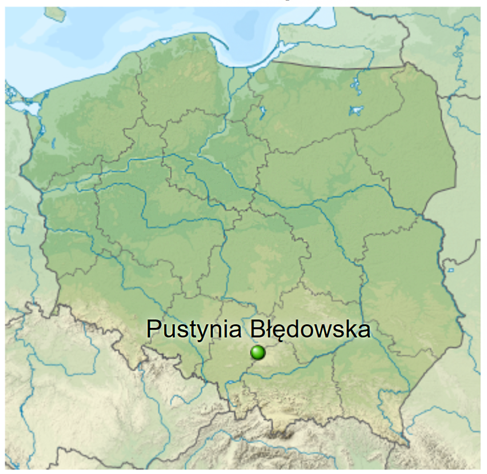 Rysunek prezentuje mapę Polski. W południowej części kraju znajduje się zielona kropka. Nad nią widnieje napis. Pustynia Błędowska.