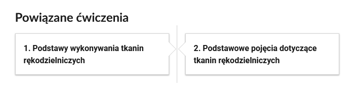 Grafika przedstawia przykładowe przyciski powiązanych ćwiczeń. W ramce po lewej stronie treść: 1. Podstawy wykonywania tkanin rękodzielniczych. 2. Podstawowe pojęcia dotyczące tkanin rękodzielniczych.
