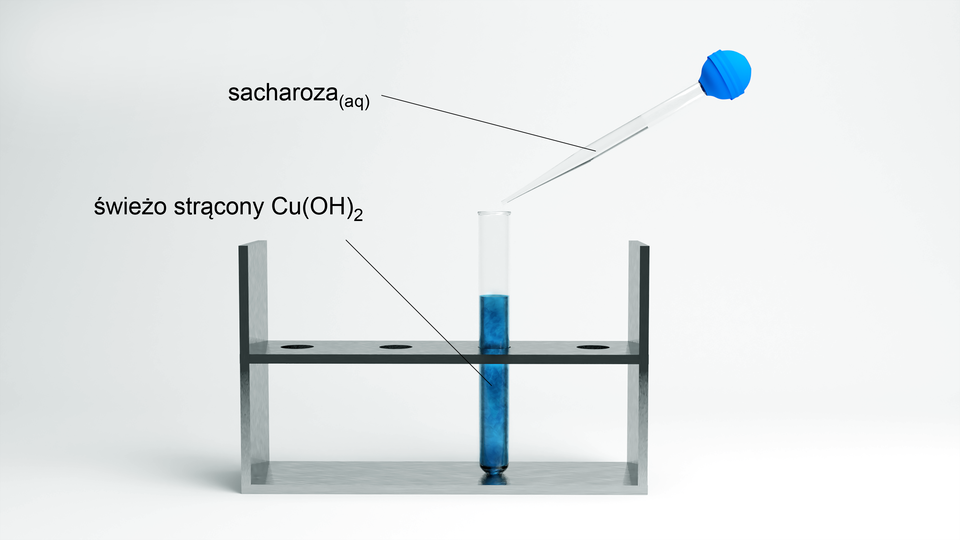Ilustracja przedstawiająca statyw z probówką wypełnioną galaretowatym osadem niebieskiego wodorotlenku miedzi(dwa). Nad probówką znajduje się pipeta wypełniona roztworem wodnym sacharozy.