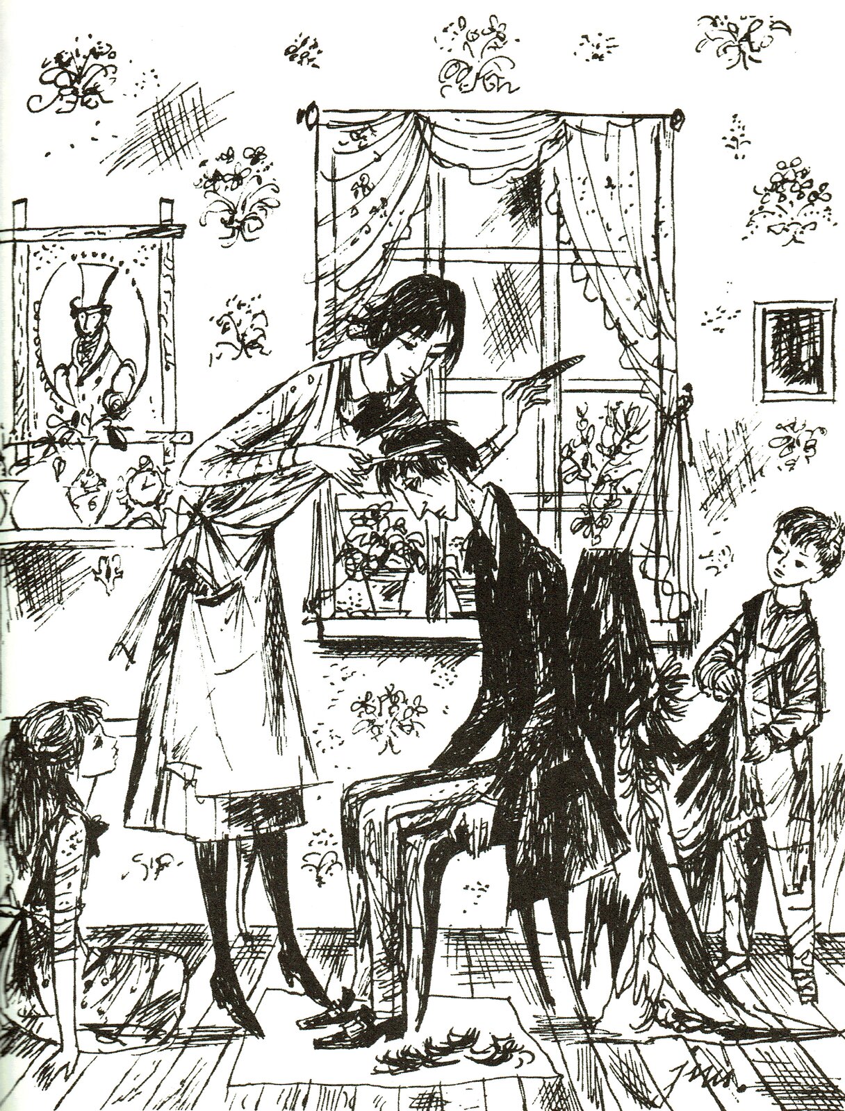 Ilustracja przedstawia pracę Jana Marcina Szancera z książki Mary Norton "Gałka do łóżka". Ukazuje scenę w domu rodzinnym. W pomieszczeniu znajduje się siedzący na krześle mężczyzna. Obok niego stoi kobieta i obcina mu włosy. Z prawej strony stoi chłopiec, a z lewej na podłodze siedzi dziewczynka. Przypatrują się czynnościom. Na ścianie z w wzorami wiszą obrazy oraz znajduje się okno z zasłonkami.