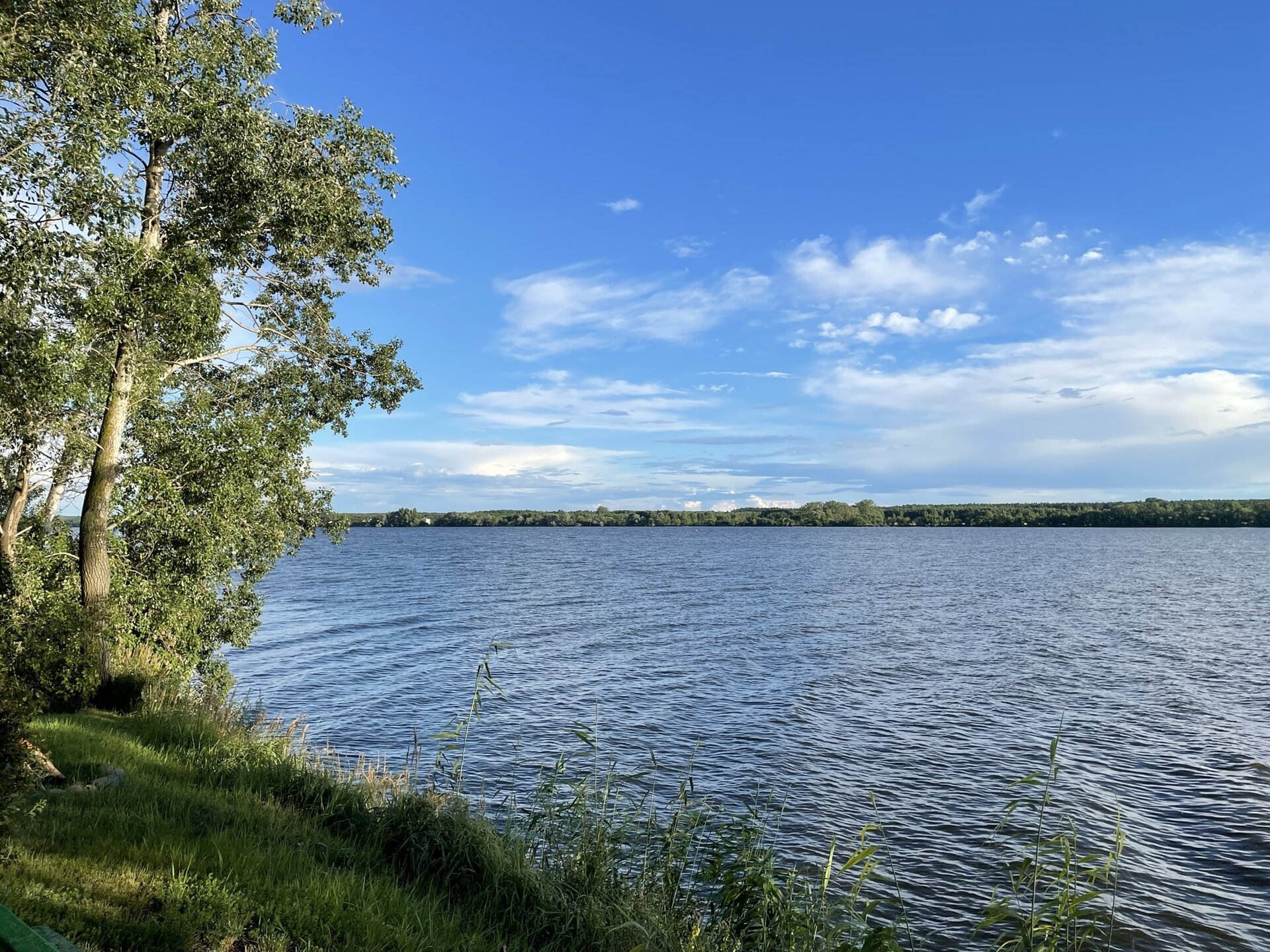Fotografia przedstawia szeroką rzekę. Po lewej stronie fragment brzegu, na którym są drzewa. W oddali drugi brzeg. Na niebie kłębiaste chmury.