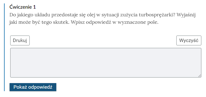 Zdjęcie przedstawia przykładowe ćwiczenie z dzienniczkiem. Pod poleceniem znajduje się pole, w które uczeń może wpisać odpowiedź z klawiatury. Nad polem znajdują się przyciski drukuj i wyczyść. Pod polem przycisk pokaż odpowiedź.