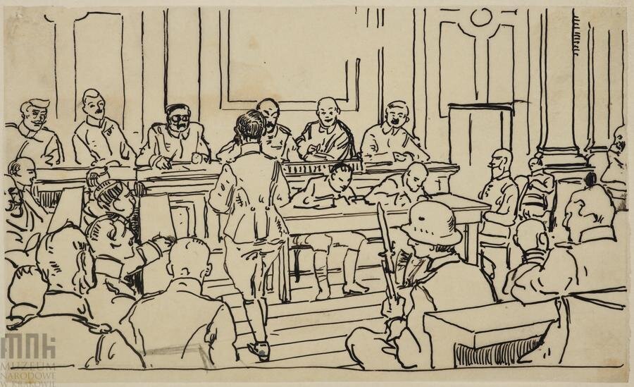 Ilustracja przedstawia wnętrze sali sądowej. Znajdują się na niej oskarżony, adwokat, ławnicy, protokolanci, publika.