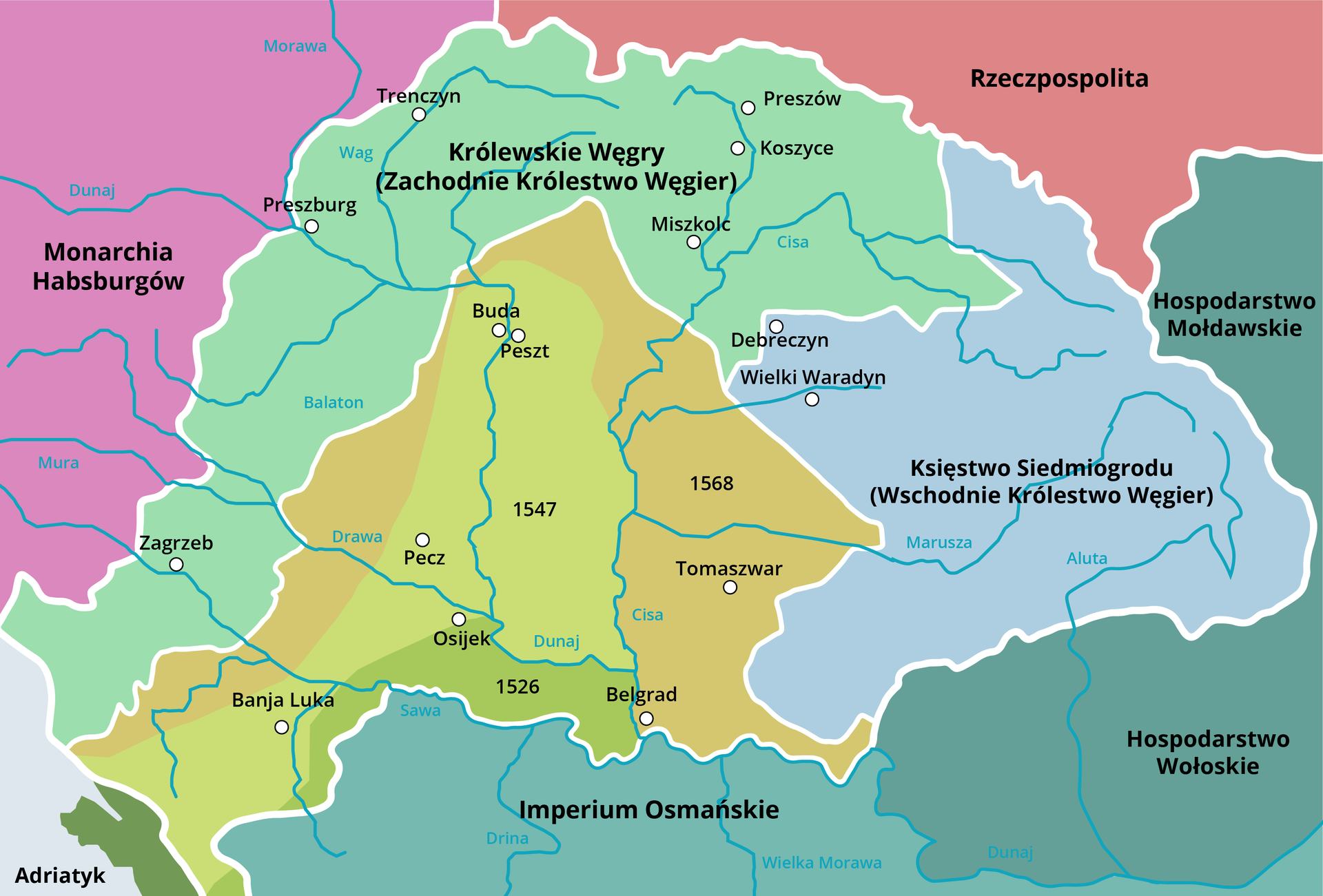 Ilustracja przedstawia mapę Węgier oraz państwa ościenne: na północy Monarchia Habsburgów i Rzeczpospolita, na południu Imperium Osmańskie. Węgry są podzielone na trzy obszary: Zachodnie Królestwo Węgier, Królestwo Siedmiogrodu (wschodnie królestwo Węgier), teren na południu kraju z miastami Buda, Pest, Pecz, Temeszwar, Banja Luka, Osijek i Belgrad. 