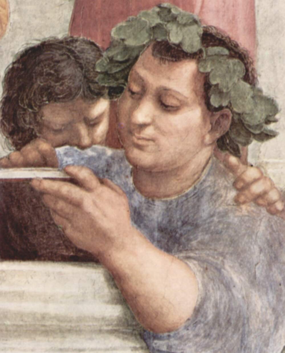 Fragment obrazu przedstawia twarz młodego mężczyzny w wieńcu laurowym na głowie. Mężczyzna zapisuje coś w książce.