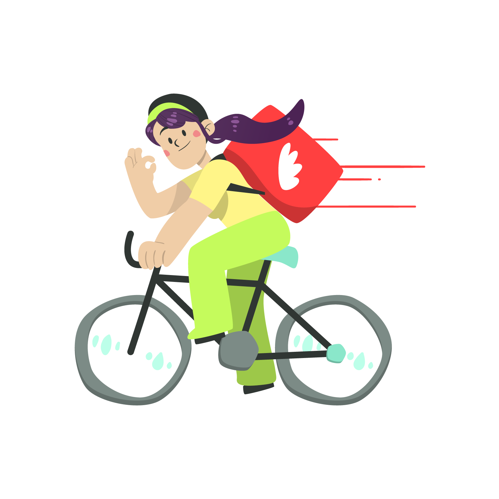 Ilustracja przedstawia rumianą kobietę z fioletowymi włosami, która jedzie na rowerze. Na głowie ma założoną opaskę. Jej włosy, są spięte w kucyk i powiewają wraz z pędem roweru. Na plecach ma dużą, kwadratową torbę z logo skrzydeł. Gestem dłoni, pokazuje że wszystko jest w porządku.