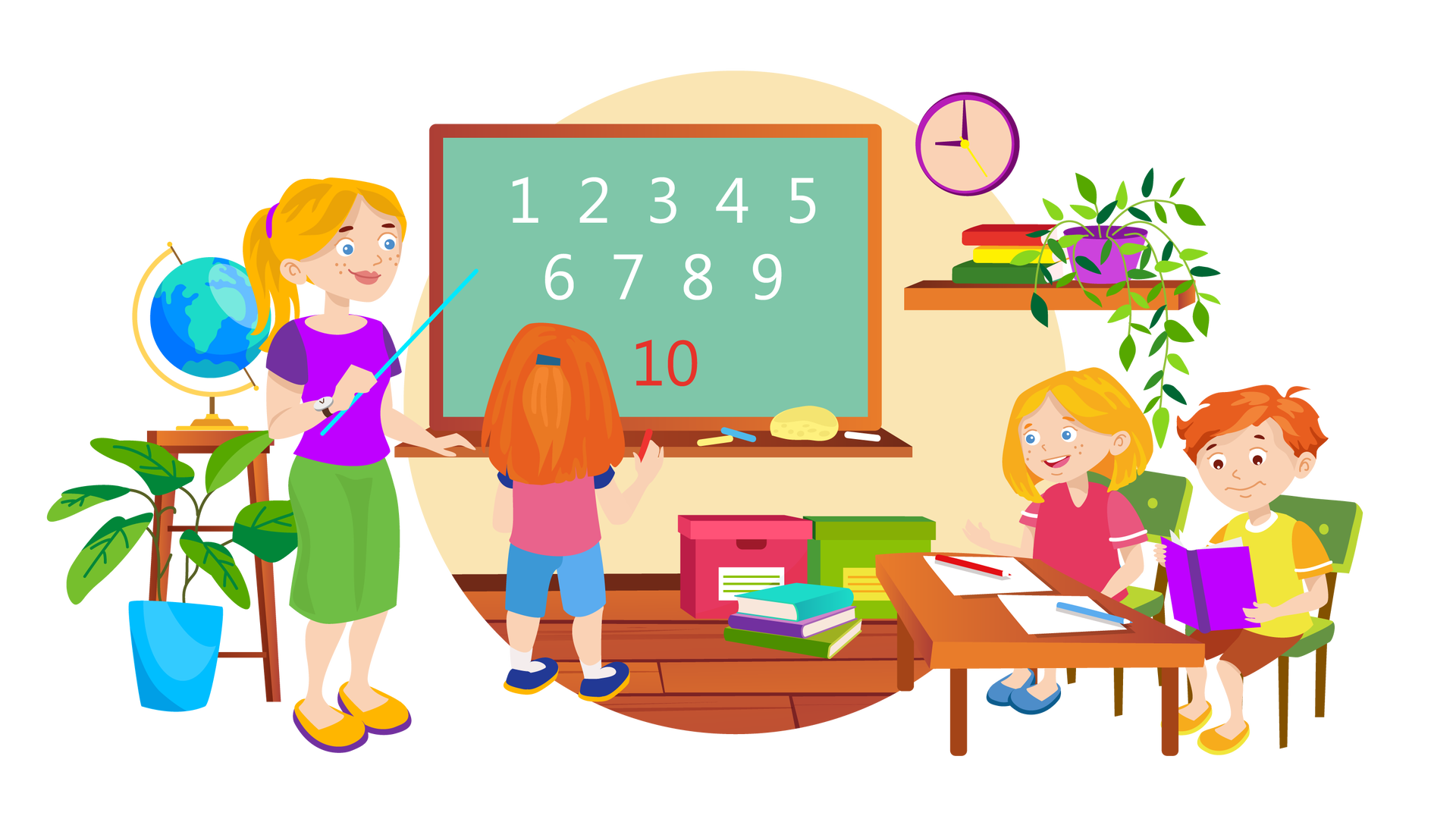 Ilustracja przedstawia klasę szkolną. W tle widać beżową ścianę, na której wisi zielona tablica w brązowej ramie. Są na niej napisane cyfry: białe jeden, dwa, trzy, cztery, pięć, sześć, siedem, osiem i dziewięć oraz czerwone dziesięć. Pod tablicą znajduje się długa brązowa półka, na której leży żółta gąbka i kilka kawałków kolorowej kredy. Pod tablicą stoją na drewnianej podłodze dwa pudełka z pokrywkami – ciemnoróżowe i jasnozielone. Obok nich leży stos trzech książek. Przodem do tablicy stoi dziewczynka. Ma rude włosy, częściowo upięte w luźną kitkę, a częściowo rozpuszczone. Jest ubrana w różową bluzkę z krótkimi granatowymi rękawami, krótkie niebieskie spodnie, białe skarpetki i granatowe buty z pomarańczowymi podeszwami. W prawej dłoni trzyma czerwoną kredę, patrzy na tablicę. Po jej lewej stronie stoi uśmiechnięta nauczycielka. Ma blond włosy związane w wysoką kitkę. Jest ubrana w fioletową bluzkę z krótkimi rękawami, zieloną spódnicę do kolan i pomarańczowe buty z fioletowymi podeszwami. Na jej prawym nadgarstku widać zegarek. W prawej dłoni trzyma jasnoniebieski wskaźnik, który kieruje w stronę tablicy. Całkiem po lewej stronie ilustracji stoi wysoki brązowy stołek, a na nim globus. Obok jest na podłodze duża zielona roślina w niebieskiej donicy. Po prawej stronie ilustracji, obok tablicy, wisi na ścianie okrągły zegar ze wskazówkami i brązowa półka. Na półce znajduje się stos trzech książek i zielona roślina w fioletowej donicy. Jej długie łodygi z wieloma liśćmi opadają w dół. Poniżej, na pierwszym planie, stoi brązowa ławka, na której leżą dwie białe kartki. Na każdej z nich jest jedna kredka – po lewej stronie czerwona, a po prawej niebieska. Przy ławce siedzi na zielonych krzesłach dwoje dzieci. Na prawym krześle jest Franek. Czyta książkę w fioletowej okładce, którą trzyma przed sobą w rękach. Obok niego siedzi blondwłosa dziewczynka. Jest ubrana w ciemnoróżową bluzkę z krótkimi rękawami, krótkie spodnie, których koloru nie widać, oraz niebieskie buty. Uśmiecha się i patrzy na dziewczynkę stojącą przy tablicy.
