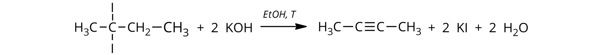Ilustracja przedstawiająca równanie reakcji. Cząsteczka 2,2-dijodobutanu zbudowanego z grupy metylowej CH3 związanej z atomem węgla podstawionym dwoma atomami jodu oraz połączonej z grupą metylenową CH2 związaną z grupą CH3. Dodać dwie cząsteczki wodorotlenku potasu KOH. Strzałka w prawo, nad strzałką EtOH i temperatura. Za strzałką cząsteczka but-2-ynu zbudowanego z dwóch połączonych za pomocą wiązania potrójnego atomów węgla, z których każdy podstawiony jest grupą metylową CH3. Dodać dwie cząsteczki jodku potasu KI. Dodać dwie cząsteczki wody H2O.