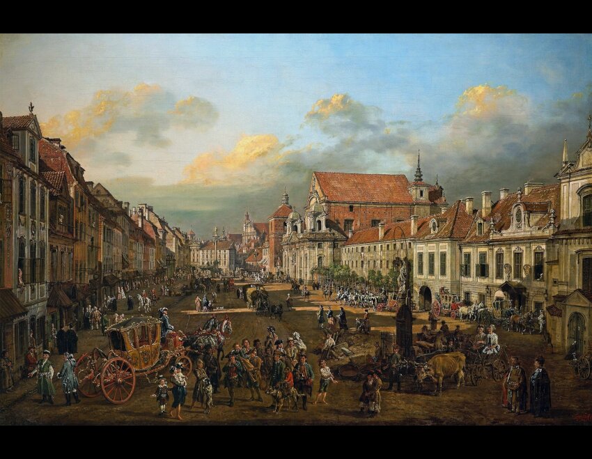 Obraz przedstawia Krakowskie Przedmieście. Na ulicy znajdują się ludzie i powozy. Dostrzec też można woły. Ulica jest szeroka, utwardzona. Domy są niskie, porównywalnej wysokości.