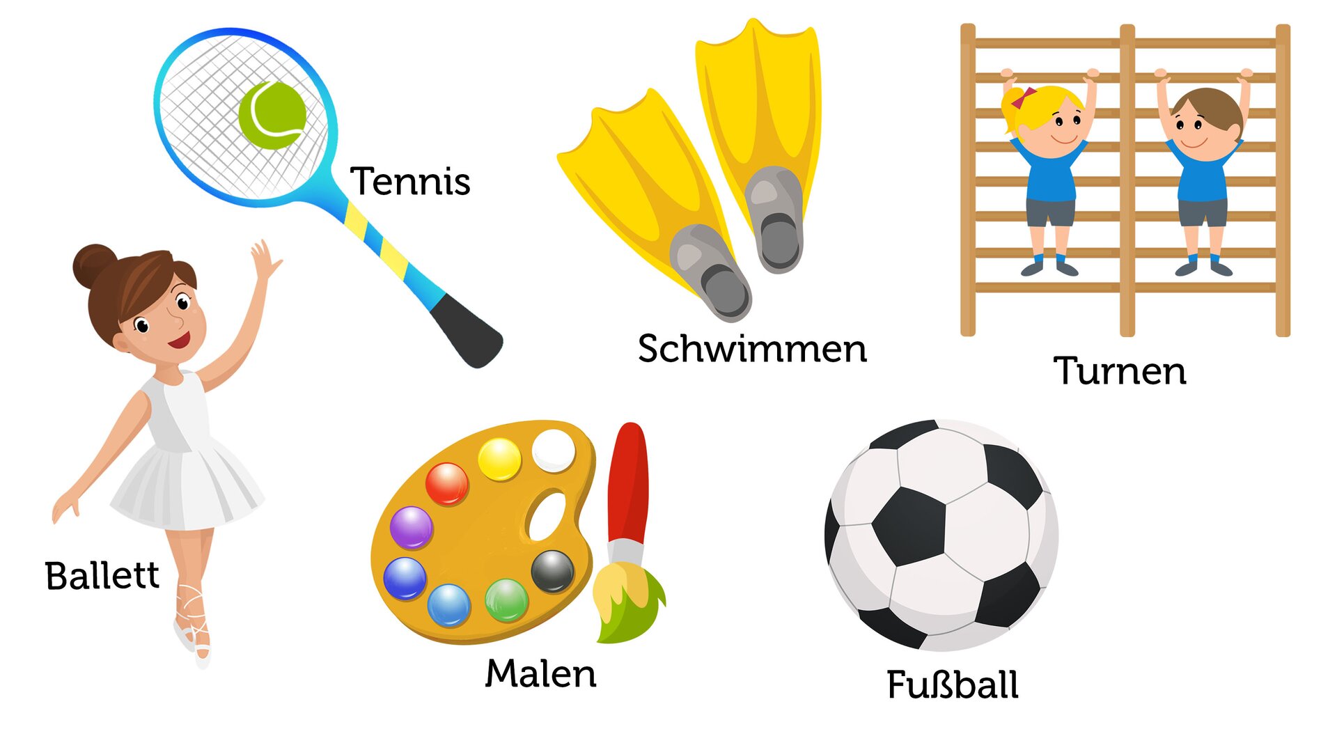 Ilustracja przedstawia baletnicę, rakietę tenisową z piłką, płetwy do pływania, paletę z farbami i pędzlem, piłkę do gry w piłkę nożną oraz dzieci wspinające się na drabinki gimnastyczne.
