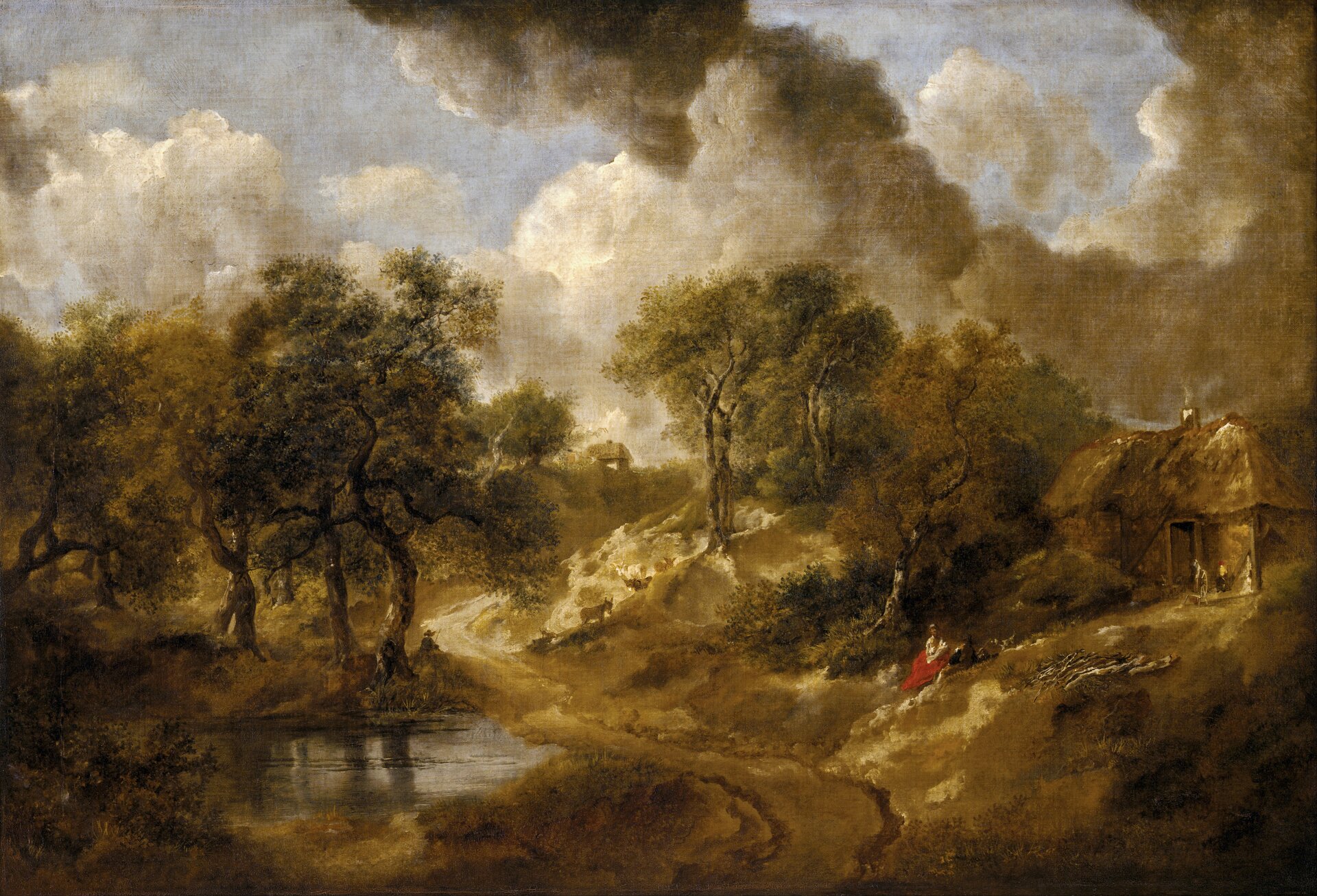Ilustracja przedstawia obraz „Pejzaż Suffolk” autorstwa Thomas Gainsborough. Obraz ukazuje pejzaż hrabstwa Suffolk. Widoczna jest droga polna. PO jej prawej stronie jest łąka, na której siedzą postaci, za nimi stoi dom wiejski. Po prawej lewej stronie obrazu widoczny jest staw oraz drzewa i krzewy. Na niebie są gęste, kłębiaste chmury.