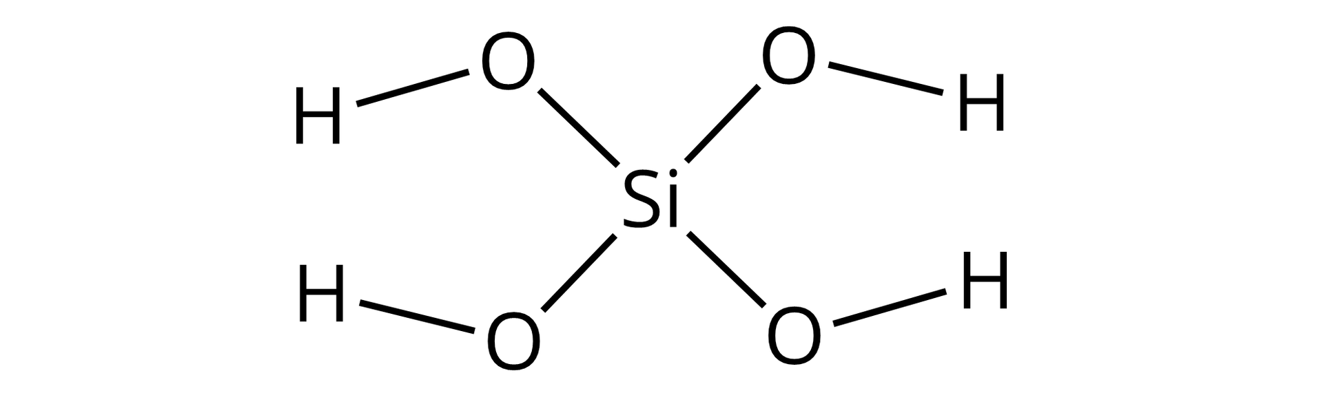 Ilustracja przedstawiająca cząsteczkę kwasu metakrzemowego zbudowanego z atomu krzemu połączonego za pomocą wiązań pojedynczych z czterema grupami hydroksylowymi —OH.