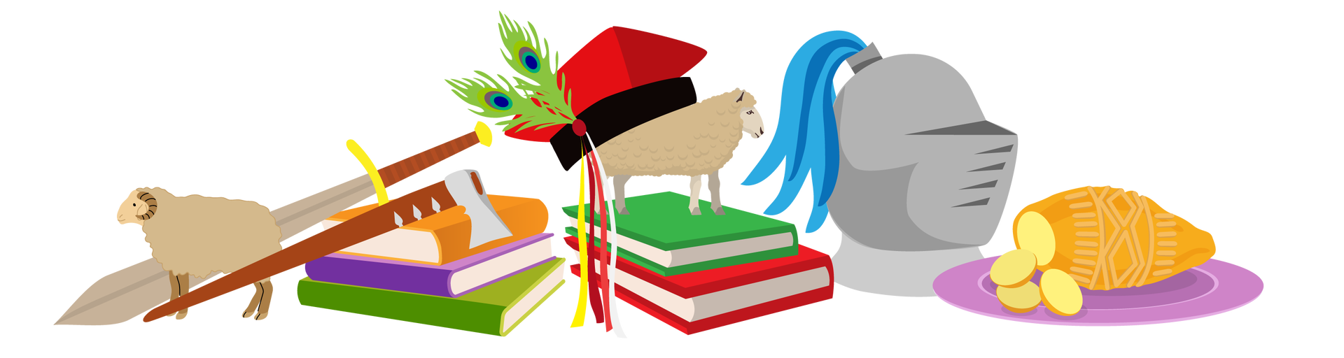 Ilustracja przedstawia przedmioty związane z górami. Na środku są trzy książki ułożone jedna na drugiej. Pierwsza ma pomarańczową okładkę, druga fioletową, a trzecia jasnozieloną. O książki oparty jest długi miecz z brązową rękojeścią i srebrna ciupaga z brązowym uchwytem, czyli góralska laska z toporkiem. Obok nich, po lewej stronie, stoi figurka białego barana. Dalej na prawo są kolejne dwie książki ułożone jedna na drugiej. Pierwsza ma zieloną okładkę, a druga czerwoną. Stoi na nich figurka białej owcy, o którą oparta jest czerwono‑czarna góralska czapka z przypiętymi z boku dwoma pawimi piórami oraz kilkoma długimi kolorowymi wstążkami. Obok znajduje się szary hełm rycerski z trzema niebieskimi piórami opadającymi w dół oraz częściowo pokrojony wędzony oscypek na jasnofioletowym talerzu, czyli góralski ser.