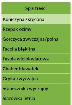 Przykładowy interaktywny spis treści umożliwiający nawigowanie w ramach planszy interaktywnej. Przykładowy interaktywny spis treści umożliwiający nawigowanie między planszami. Zdjęcie przedstawia pionową ramkę z zielonym tłem. Na górze znajduje się napis: Spis treści. Pod nim na osobnych wierszach wypisanych jest dziewięć roślin.