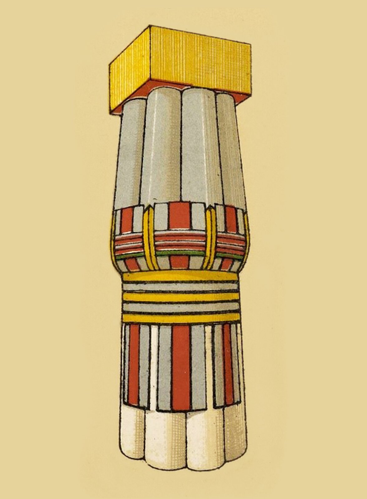 Ilustracja przedstawia głowicę kolumny w stylu lotosowym. Głowica swoim kształtem nawiązuje do kwiatu lotosu. Jest podzielona na cztery sekcje: od dołu - biało‑czerwono‑białe pionowe pasy, nad nimi żółto‑białe poziome pasy, następnie pionowe i poziome pasy czerwono‑żółto‑zielone (tworzące kratkę). Szczyt kolumny ma kolor żółty.