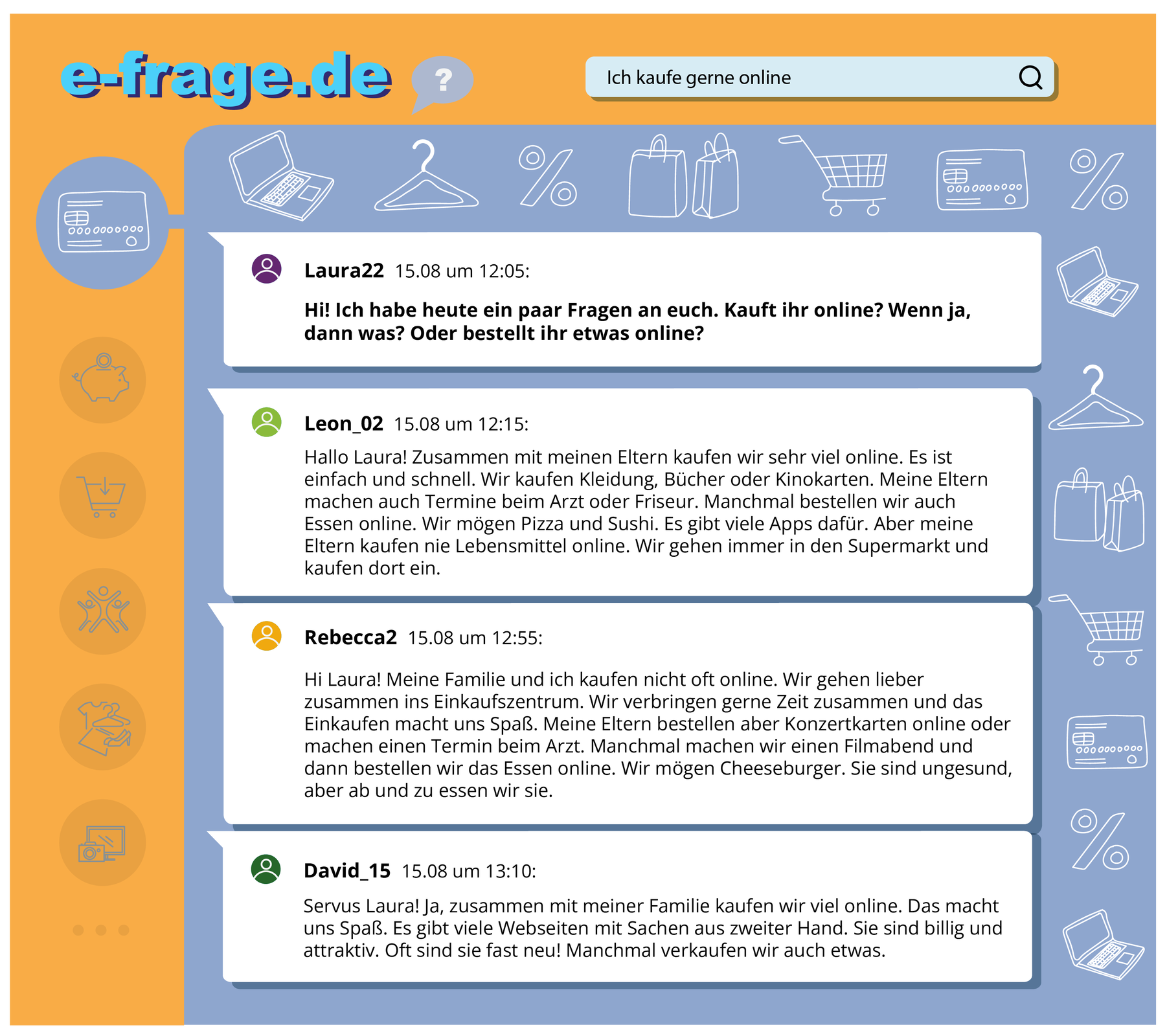 Ilustracja przedstawia komentarze na stronie e‑frage.de. Widoczne są cztery komentarze od różnych osób. Wokół komentarzy widoczne są ikony laptopa, wieszaka, procentów, toreb na zakupy, karty płatniczej i wózka sklepowego. Transkrypcja komentarzy dostępna jest poniżej. 