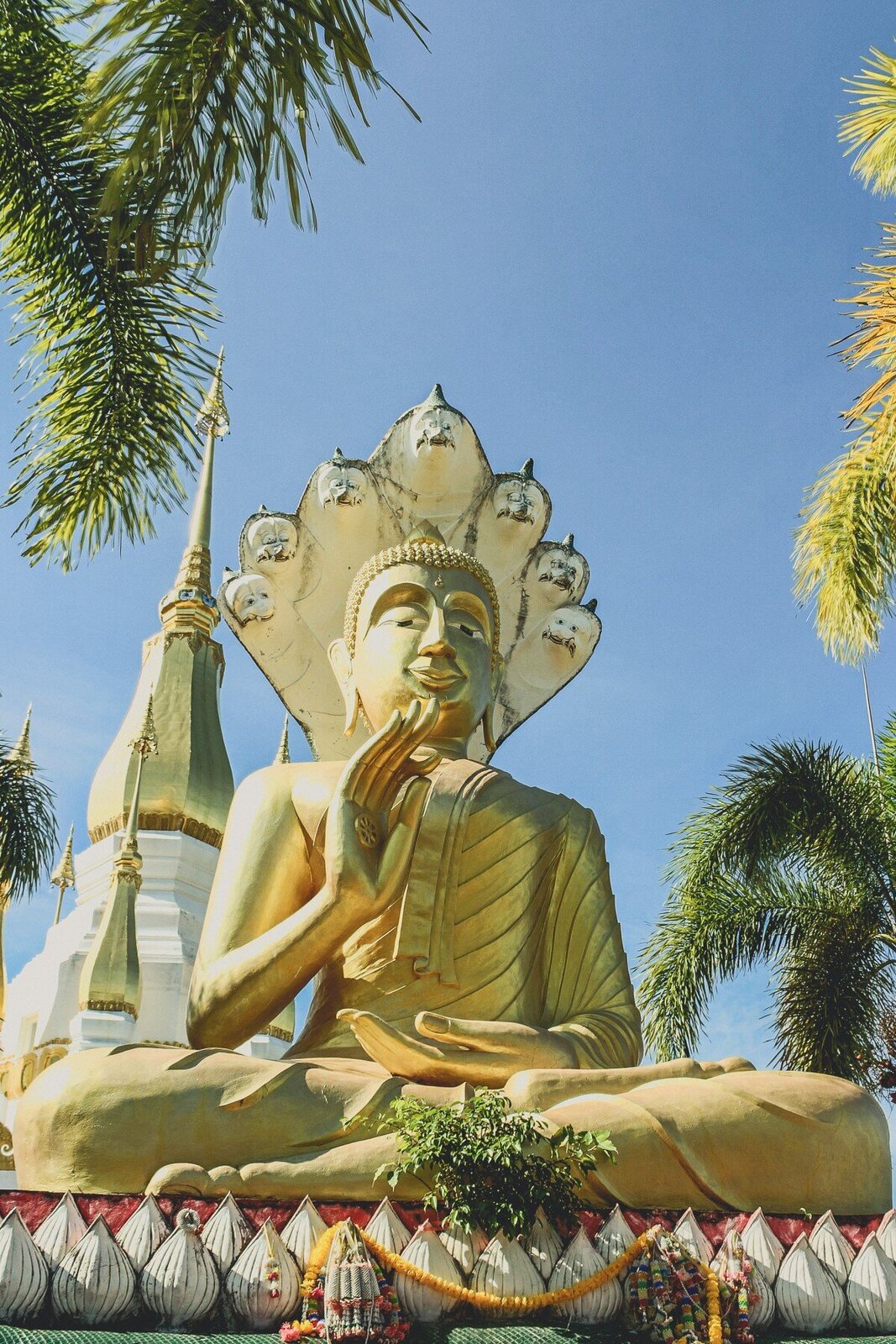 Zdjęcie przedstawia posąg. Posąg jest w złotym kolorze. Mężczyzna siedzi w pozycji kwiatu lotosu. Prawą dłoń ma uniesioną – dłoń jest otwarta ku przodowi, a palce wyprostowane. Na dłoni ma znak przypominający koło od wozu z ośmioma ramionami.   