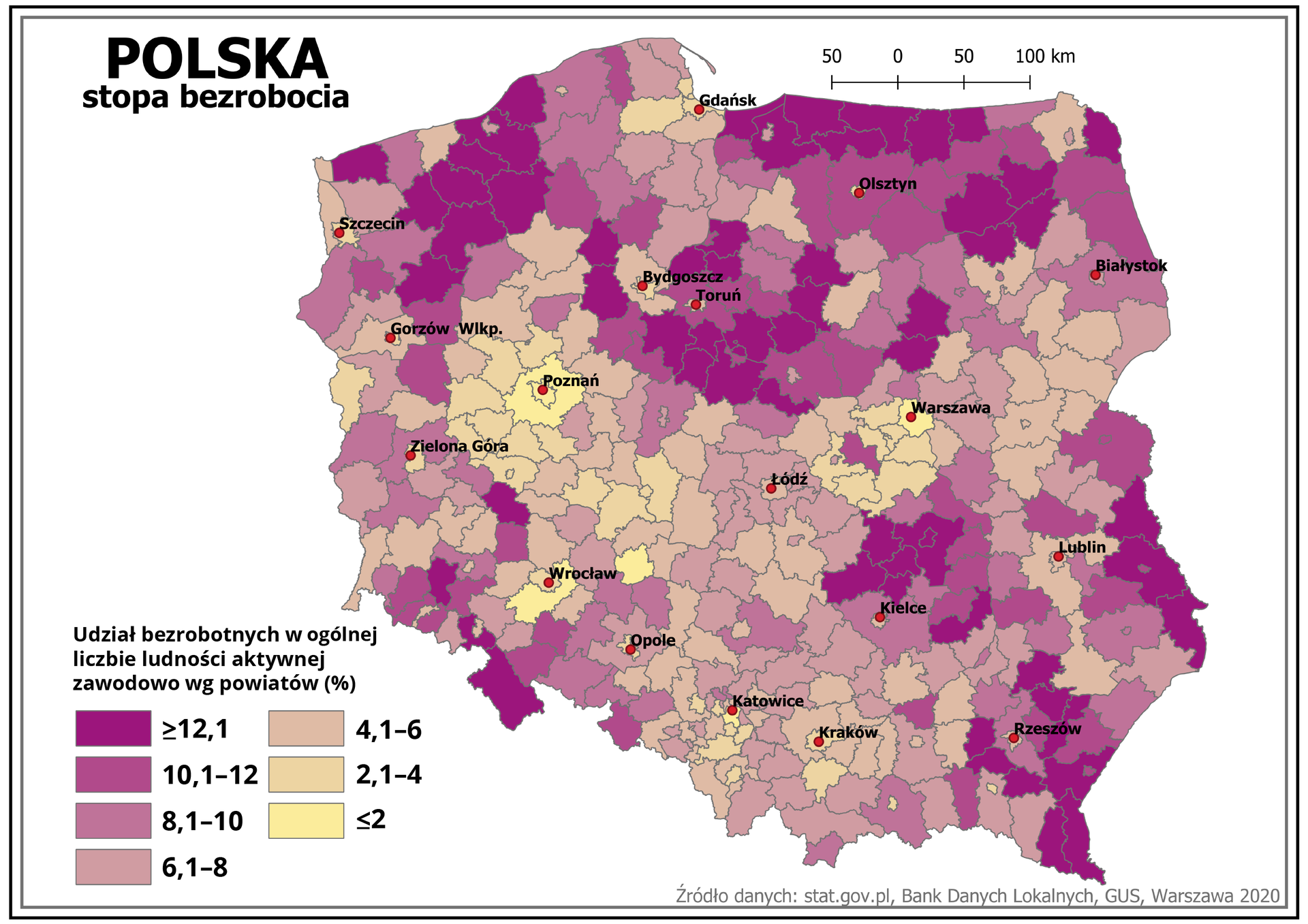 Ilustracja przedstawia mapę Polski z podziałem na województwa i powiaty. Na mapie przedstawiono stopę bezrobocia. Granice powiatów zaznaczone są szarą linią. Czerwonymi kropkami zaznaczono miasta wojewódzkie. Po lewej stronie mapy na dole w legendzie umieszczono kolorowe prostokąty i opisano udział bezrobotnych w ogólnej liczbie ludności aktywnej zawodowo. Kolor ciemnoróżowy oznacza bezrobocie równe lub powyżej 12,1%. Im jaśniejszy kolor różowy, tym bezrobocie mniejsze – kolejne przedziały to od 10,1% do 12%; od 8,1% do 10%; od 6,1% do 8%; od 4,1% do 6%; od 2,1% do 4%, 2% lub mniej. Największe bezrobocie występuje w województwie warmińsko mazurskim, kujawsko‑pomorskim, zachodniopomorskim, a także na południowym wschodzie kraju. Obszary o najniższym bezrobociu to okolice największych miast – Gdańska, Poznania, Wrocławia, Warszawy i innych. Województwem o najniższej stopie bezrobocia jest województwo wielkopolskie.