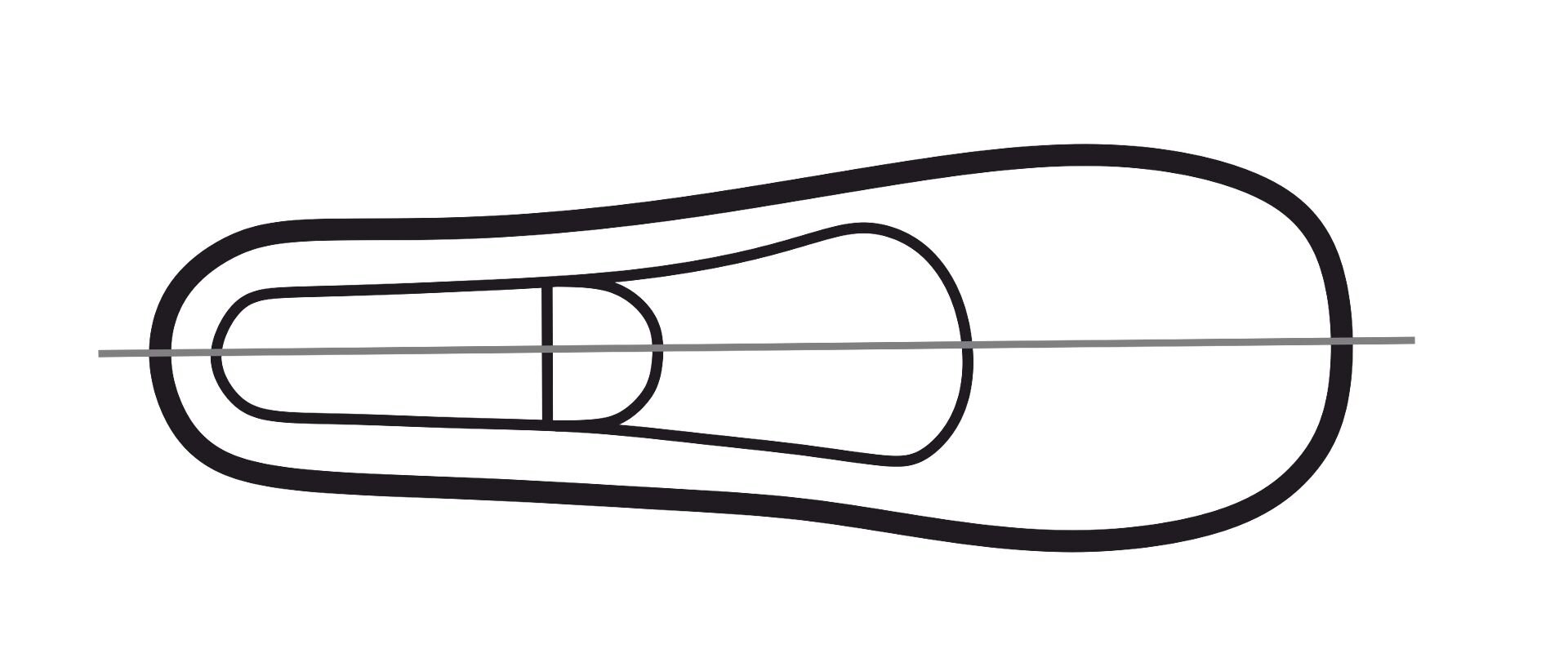 Grafika przedstawia schemat formy obuwniczej symetrycznej. Obrys stopy prawej z zaznaczoną osią środkową biegnącą wzdłuż formy. Linia obrysu po lewej stronie osi jest symetrycznym odbiciem linii obrysu po prawej stronie osi. 