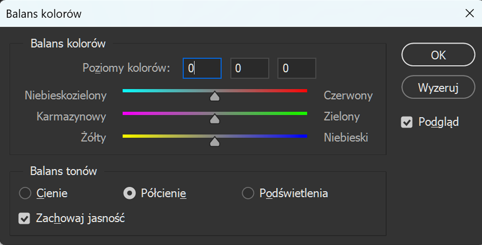 Okno Balans kolorów w programie graficznym Photoshop.
