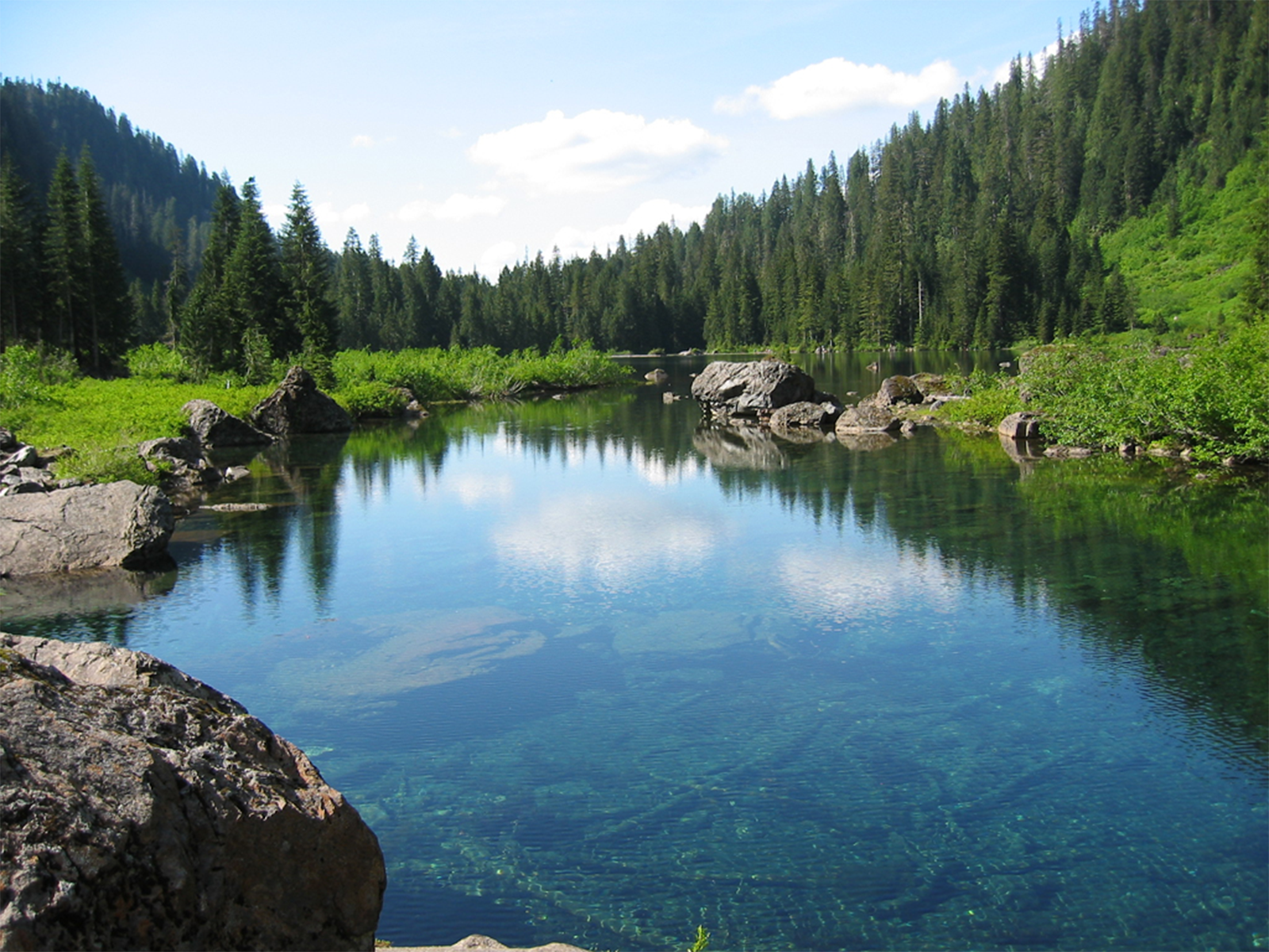 Fotografia przestawia jezioro w lesie. W wodzie odbija się błękitne niebo i zielone drzewa. Przy brzegu jeziora leżą liczne skały.