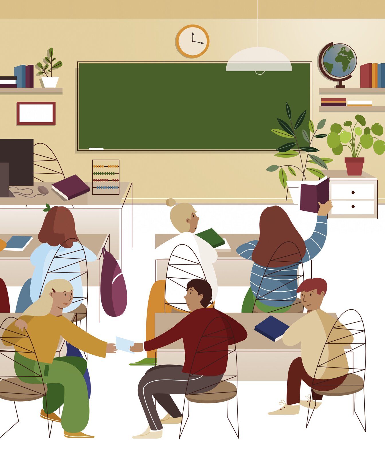 Foto 2. Ilustracja przedstawia klasę lekcyjną, gdzie uczniowie siedzą przy swoich pulpitach, na których leżą zeszyty. W ostatniej ławce widoczni są chłopiec i dziewczyna, którzy wymieniają się liścikiem. W pomieszczeniu wokół tablicy rozmieszczone są różnorodne książki i pomoce naukowe, a także kwiaty doniczkowe.