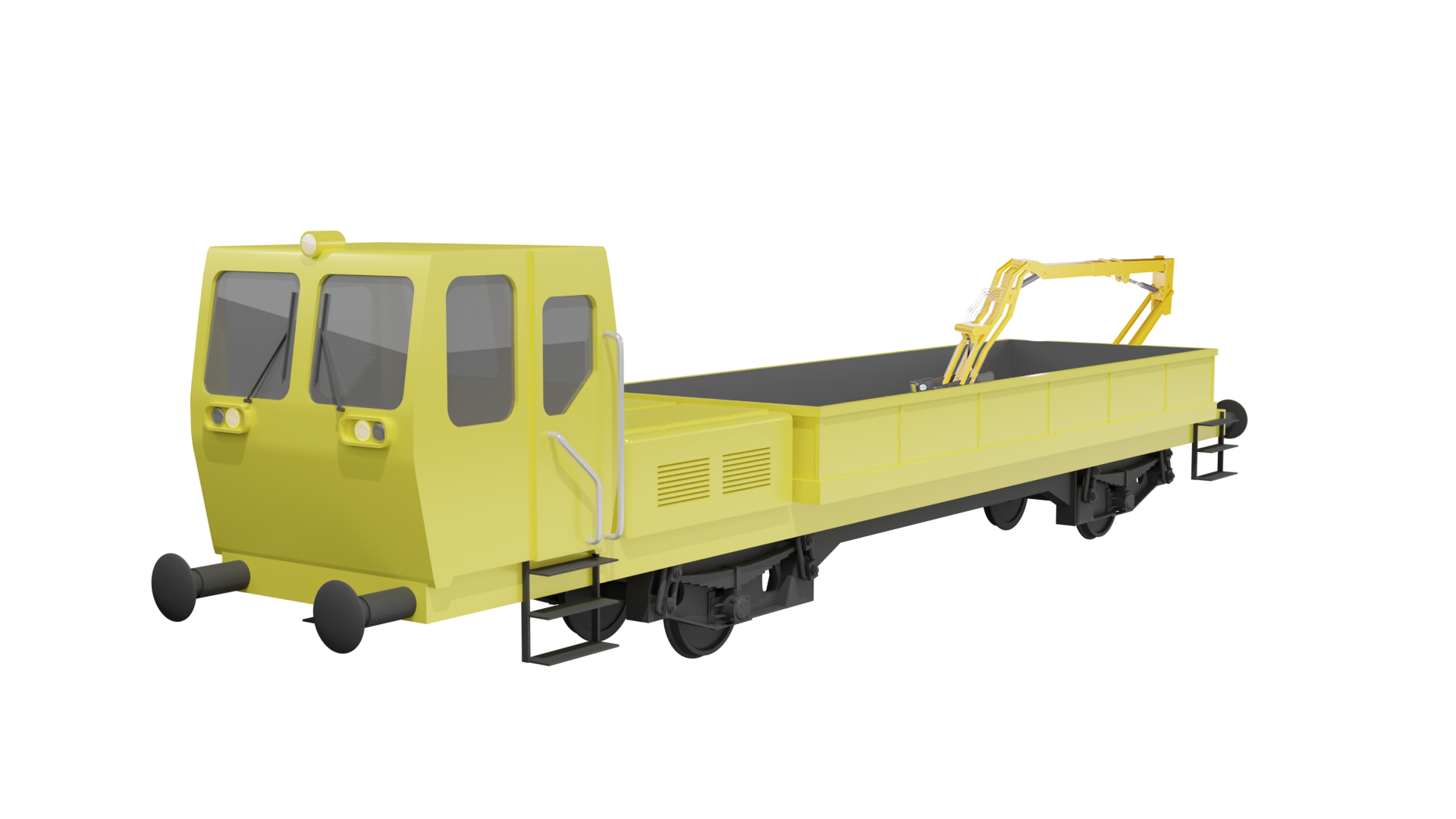 Grafika przedstawia drezynę wu em myślnik piętnaście a. Z przodu drezyny znajduje się kabina, za którą jest skrzynia ładunkowa z żurawiem hydraulicznym.