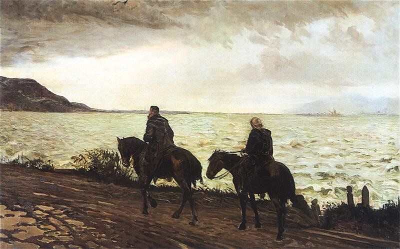 Obraz przedstawia Don Kichota i Sancho Pansę jadących konno po piaszczystej drodze wzdłuż wybrzeża.  Postacie są odwrócone tyłem do widza. W dali po lewej stronie widać wzniesie. Niebo jest zachmurzone.