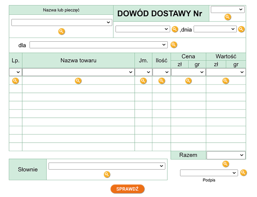 Ilustracja przedstawia dokument dowodu dostawy. Na ilustracji znajdują się interaktywne punkty. Punkty są jako wskazówki, podpowiadają nam co wpisać w danej luce. 
