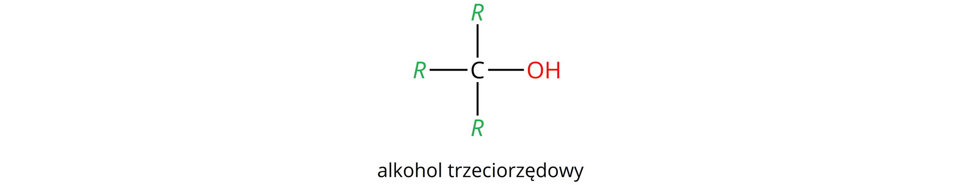 Ilustracja przedstawia wzór alkoholu trzeciorzędowego: do atomu węgla przyłączone są trzy grupy R, zaznaczone na zielono, i grupa OH, zaznaczona na czerwono.