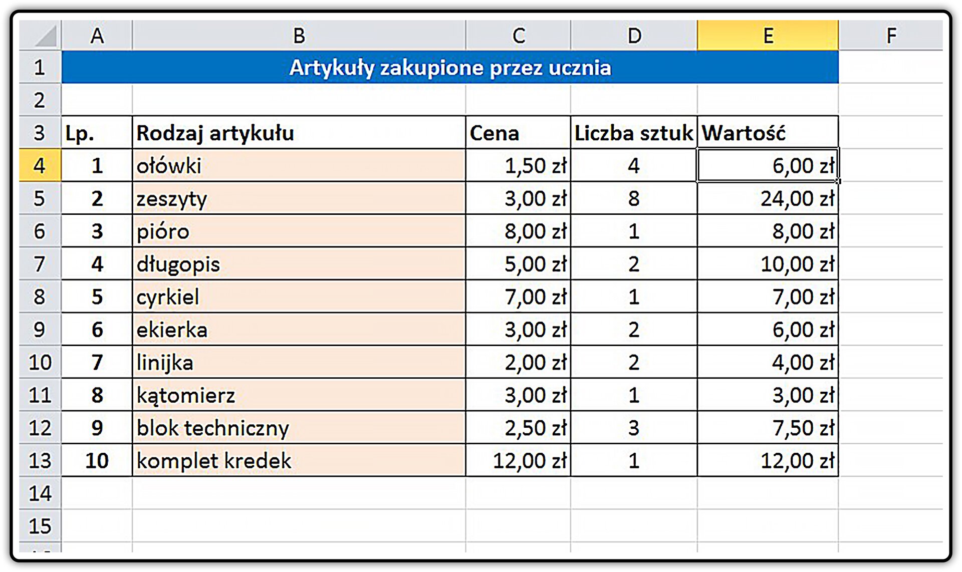 Zrzut przykładowej tabeli