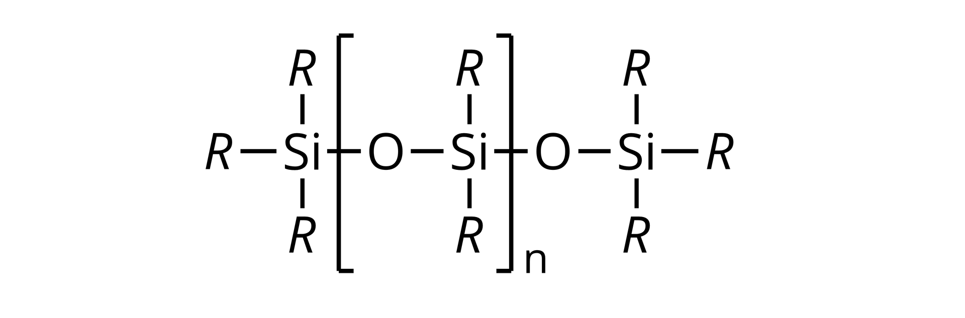Ilustracja przedstawia wzór ogólny silikonu. Opis wzoru od lewej strony: atom krzemu połączony jest z trzema grupami R, atom krzemu łączy się w prawo z atomem tlenu (wiązanie jest przecięte nawiasem kwadratowym). Ten z atomem krzemu i dwiema grupami R - na dole i u góry. Atom krzemu w prawo łączy się z atomem tlenu (wiązanie jest przecięte zamykającym się nawiasem kwadratowym, za nawiasem w indeksie dolnym jest litera n), a ten z atomem krzemu połączonym z trzema grupami R. 