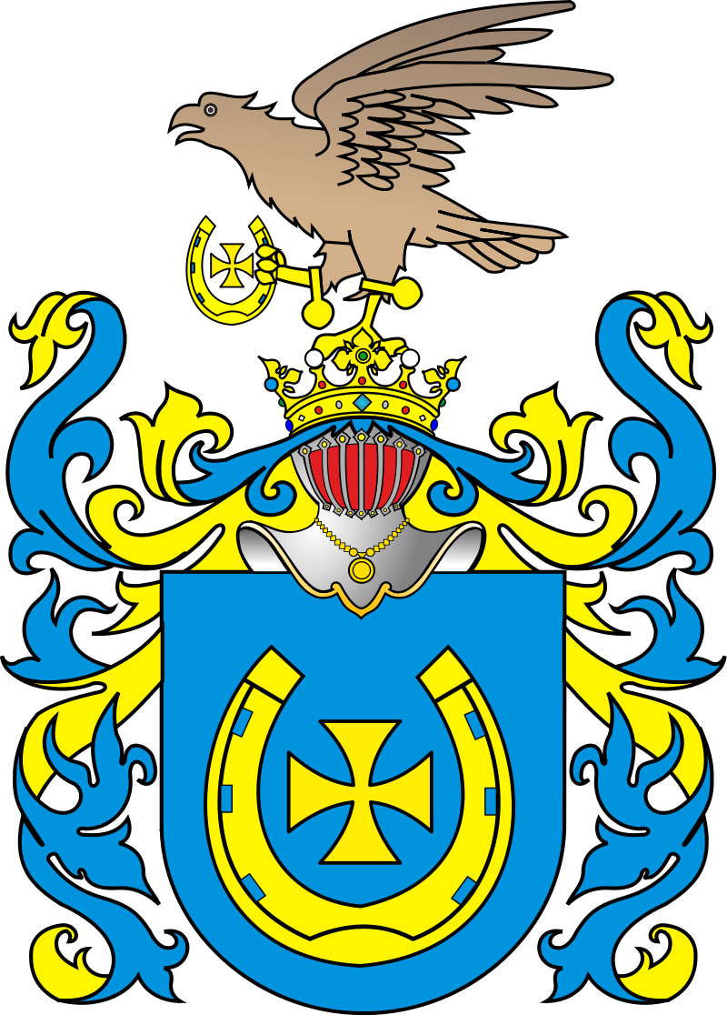 Ilustracja przedstawia niebieski herb ze złotą podkową, w której znajduje się złoty krzyż. Nad herbem znajduje się rycerski hełm w złotej koronie, na którym siedzi jasno‑brązowy orzeł, który trzyma w szponach złotą podkowę z krzyżem. Z korony na boki rozchodzą się niebiesko‑żółte roślinne ozdoby. 