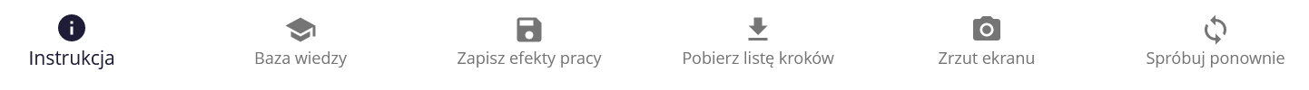 Grafika przedstawia pasek z opcjami programu do projektowania takimi jak: instrukcja, baza wiedzy, zapisanie pracy, zrzut ekranu czy odświeżanie.