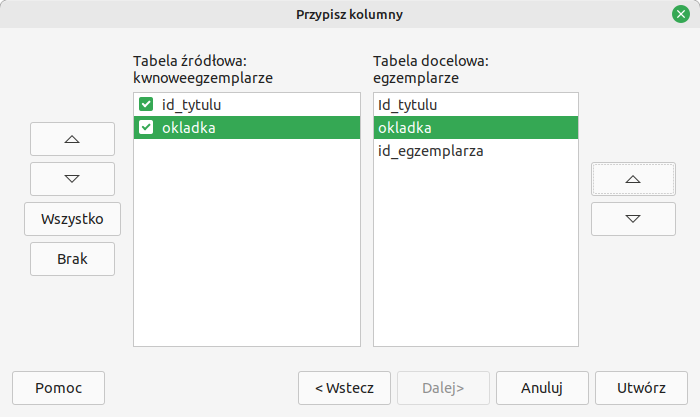 Ilustracja przedstawia przypisanie kolumn podczas dołączania danych do tabeli egzemplarze w programie LO Base. Dwie sekcje: jedna o nazwie Tabela źródłowa: kwnoweegzemlparze, druga Tabela docelowa: egzemplarze. W pierwszej sekcji: id_tytulu, okladka. Podświetlono okladkę. W drugiej sekcji lista: id_tytulu, okladka, id_egzemplarza. Podświetlono okladkę.  