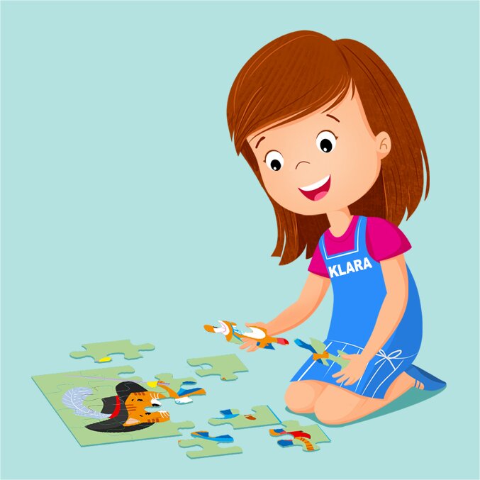 Ilustracja przedstawia Klarę, która układa puzzle.